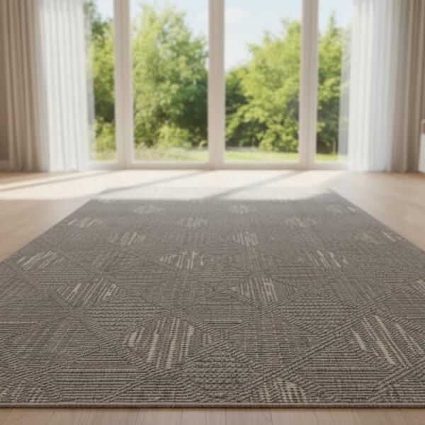 Modern Taupe Geometric Area Rug – Neutral Boho Style