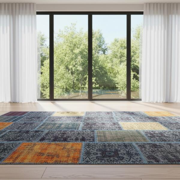 Mosaic Breeze Patchwork Rug – Handmade Multicolor Blue Base Carpet