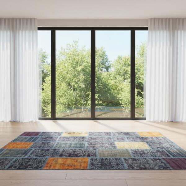 Mosaic Breeze Patchwork Rug – Handmade Multicolor Blue Base Carpet