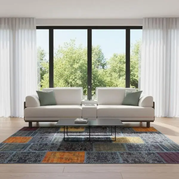 Mosaic Breeze Patchwork Rug – Handmade Multicolor Blue Base Carpet