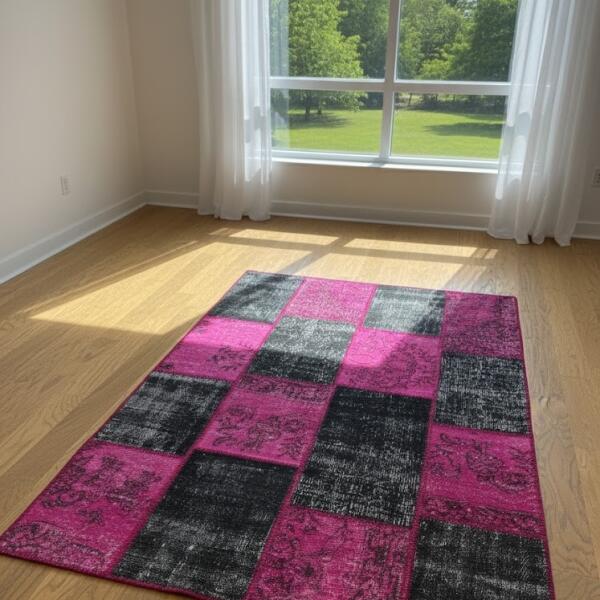 Neon Noir Patchwork Rug – Handmade Fuchsia & Charcoal Carpet
