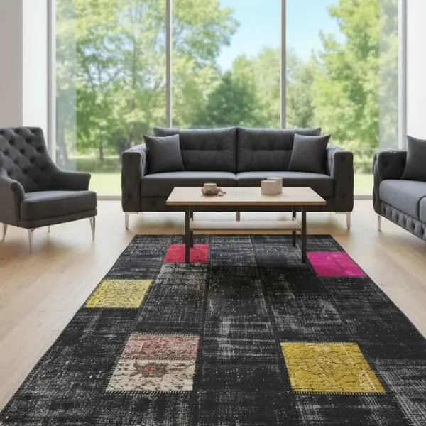 Noir Spectrum Rug – Handwoven Black Patchwork Vintage Carpet