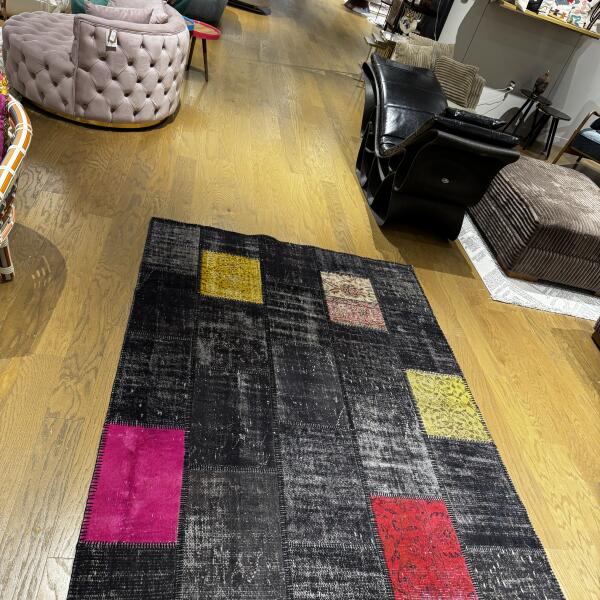 Noir Spectrum Rug – Handwoven Black Patchwork Vintage Carpet