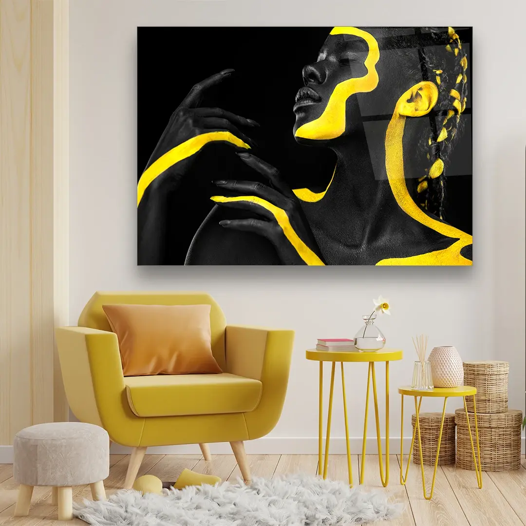 Yellow Striped Woman - Horizontal Wall Glass Art