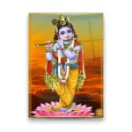 Baby Krishna on Lotus - Premium Tempered Glass Wall Art Rectangle