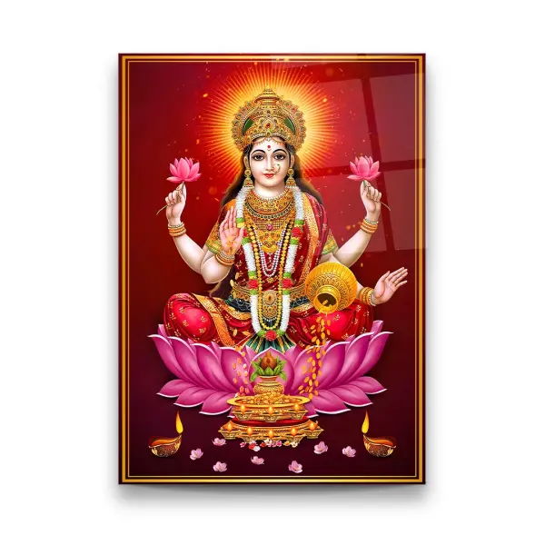 Goddess Lakshmi on Lotus - Premium Tempered Glass Wall Art Rectangle