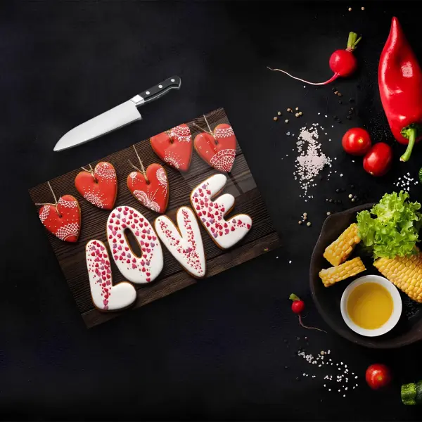 Tempered Glass Cutting Board - 12" x 17" Durable Shatterproof Kitchen Tool with Love and Heart Cookie Design | Perfect Gift for Mother’s Day, Christmas, and Housewarming