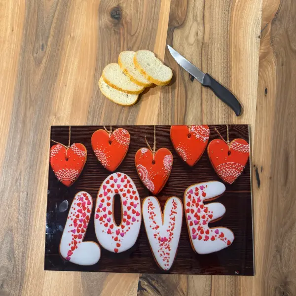 Tempered Glass Cutting Board - 12" x 17" Durable Shatterproof Kitchen Tool with Love and Heart Cookie Design | Perfect Gift for Mother’s Day, Christmas, and Housewarming
