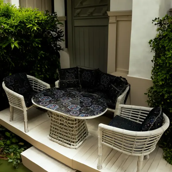 Ferozzi Midnight Mosaic Rattan Seating Set - 4-Piece with UV-Printed Glass Table