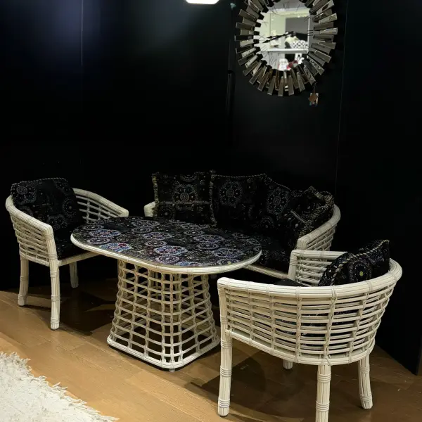 Ferozzi Midnight Mosaic Rattan Seating Set - 4-Piece with UV-Printed Glass Table