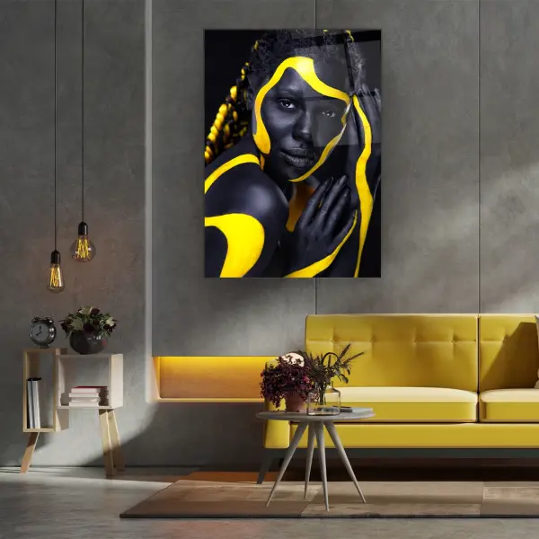 Yellow Striped Woman - Rectangle Wall Glass Art