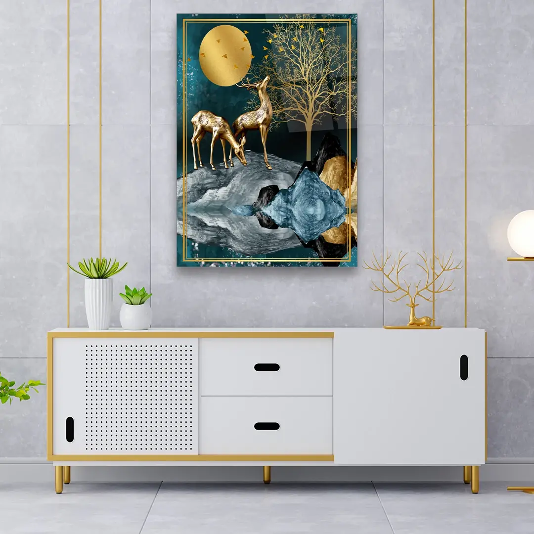 Golden Deer's - Rectangle Wall Glass Art