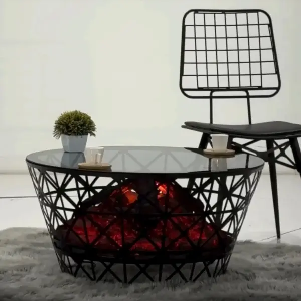 Atlanta Ember Coffee Table | Modern 3D-Printed Geometric Design with Electric Fire Pit, Bluetooth Speaker, and Rechargeable Functionality | Cozy Living Room Furniture for Luxury and Elegance