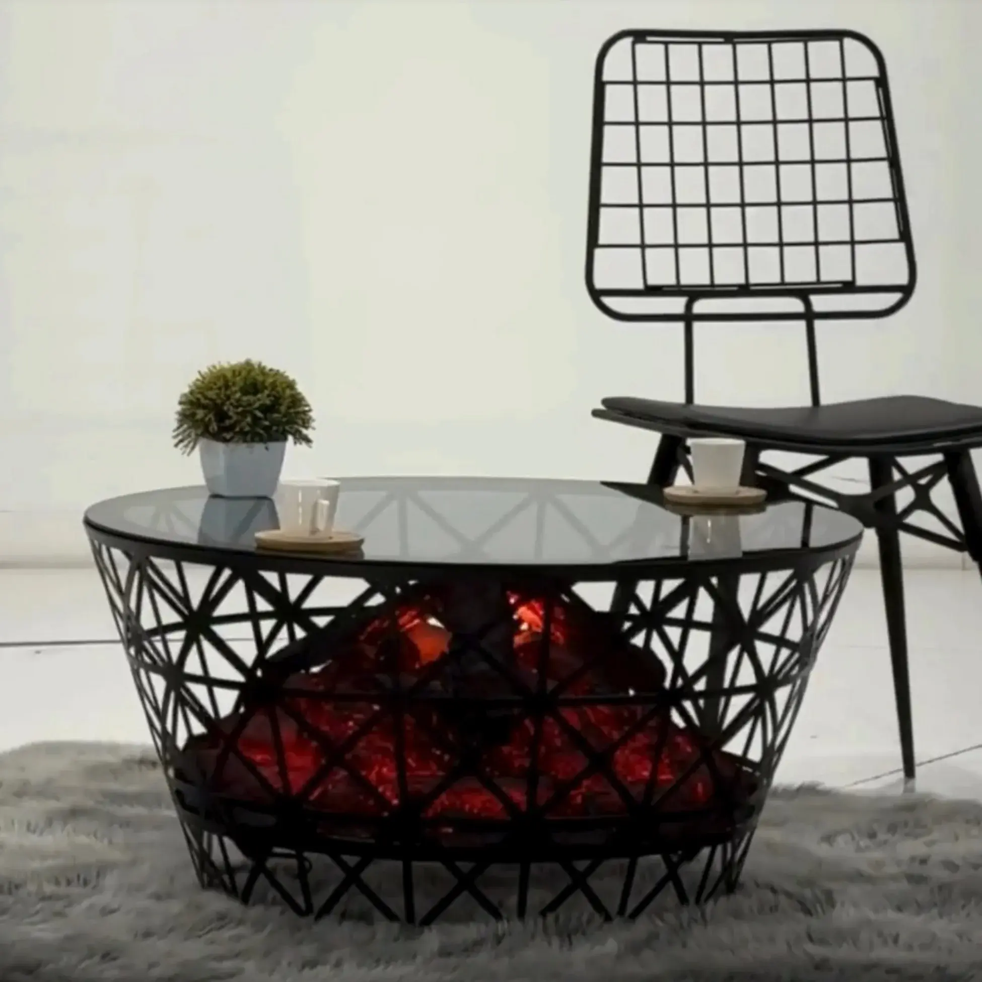Atlanta Ember Coffee Table | Modern 3D-Printed Geometric Design with Electric Fire Pit, Bluetooth Speaker, and Rechargeable Functionality | Cozy Living Room Furniture for Luxury and Elegance
