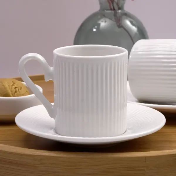 Ediz Ribbed White Porcelain Coffee Cup Set – Modern and Elegant Design for Sophisticated Coffee Lovers