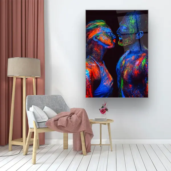 Neon Woman and Man - Rectangle Wall Glass Art