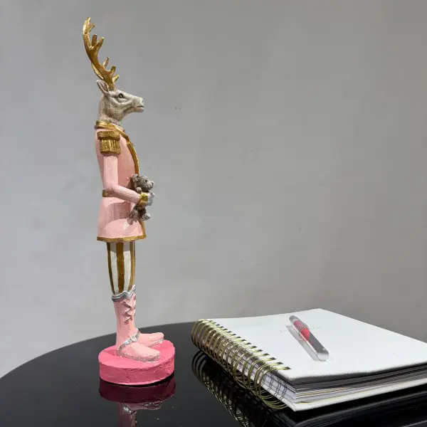 Pink Handmade Deer Figurine Holding a Teddy Bear