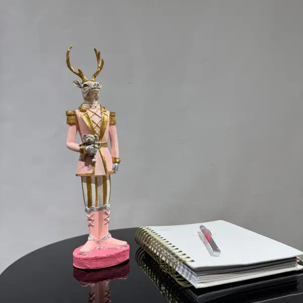 Pink Handmade Deer Figurine Holding a Teddy Bear