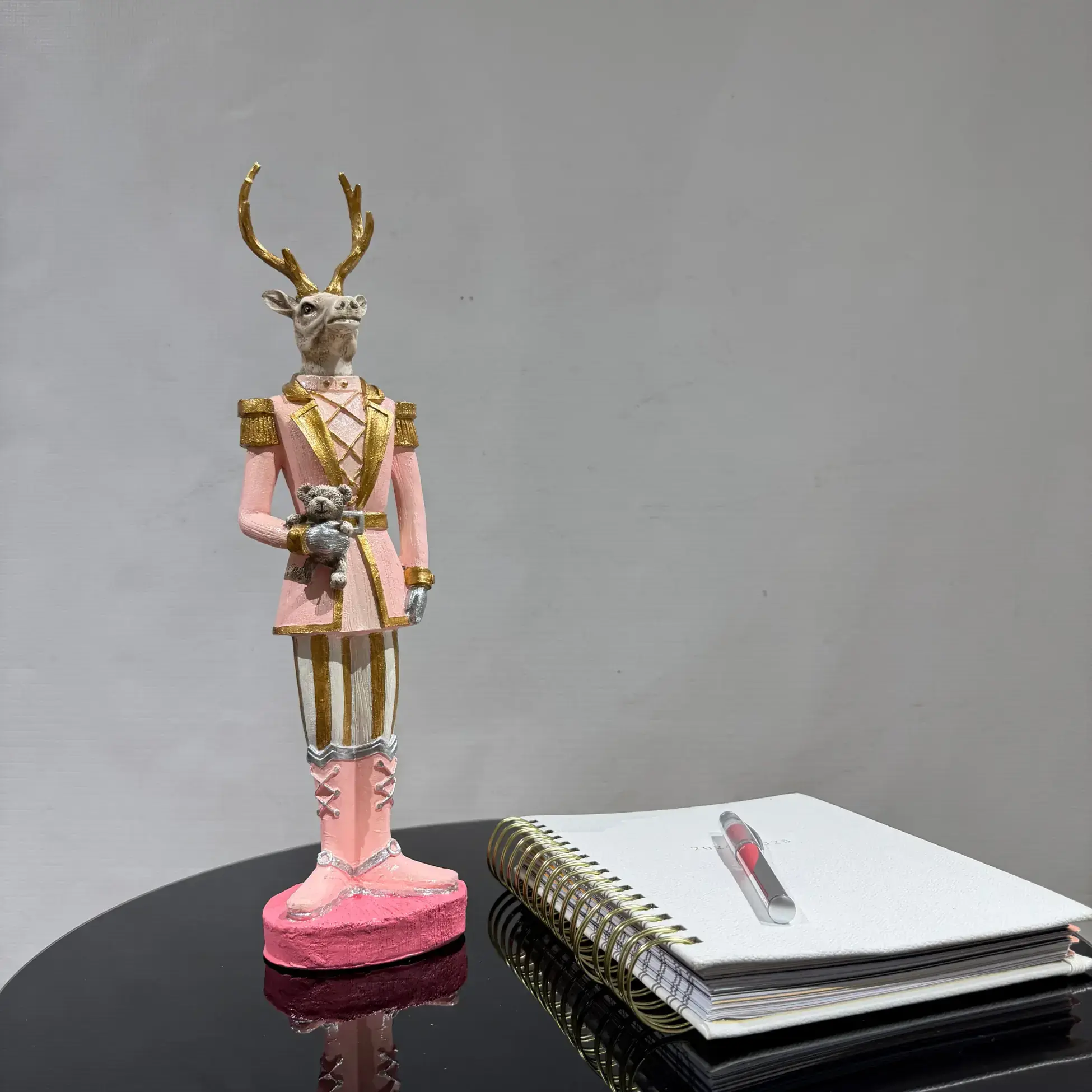 Pink Handmade Deer Figurine Holding a Teddy Bear