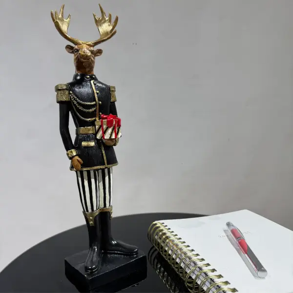 Black Jacket Handmade Deer Figurine Holding a Gift Box