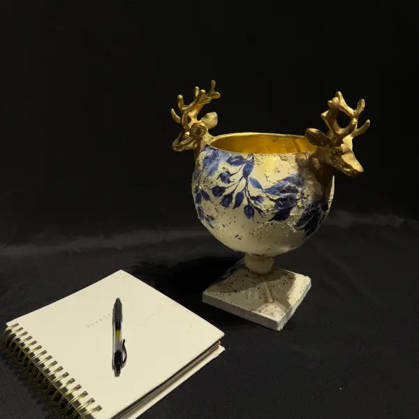 Handmade Deer Head Vase with Gold and Blue Floral Details