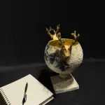 Handmade Deer Head Vase with Gold and Blue Floral Details