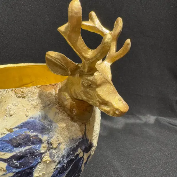 Handmade Deer Head Vase with Gold and Blue Floral Details