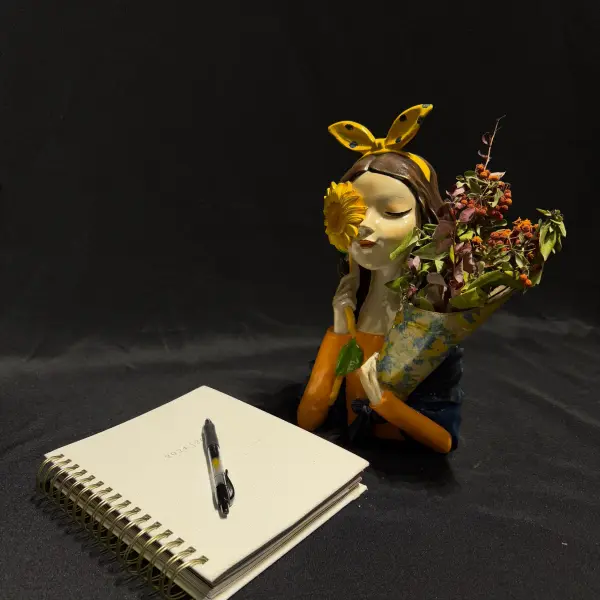 Girl Flower Vase with Yellow Ribbon and Floral Bouquet Design Handmade