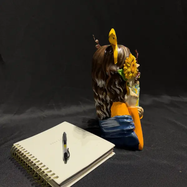 Girl Flower Vase with Yellow Ribbon and Floral Bouquet Design Handmade