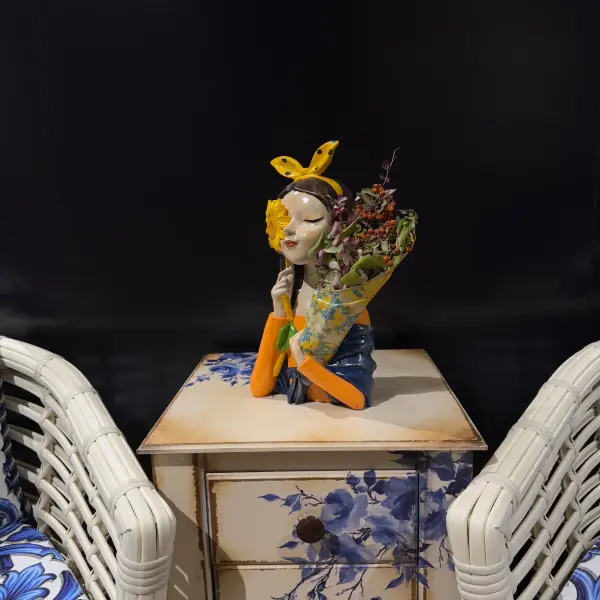 Girl Flower Vase with Yellow Ribbon and Floral Bouquet Design Handmade