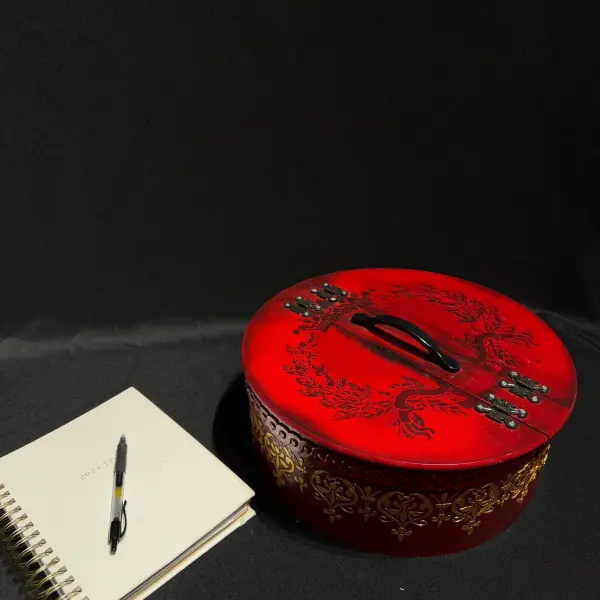 Red Oval Storage Box with Gold Detailing Handmade