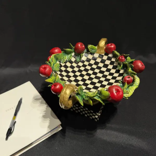 Mackenzie Apple Motif Checkerboard Basket Handmade