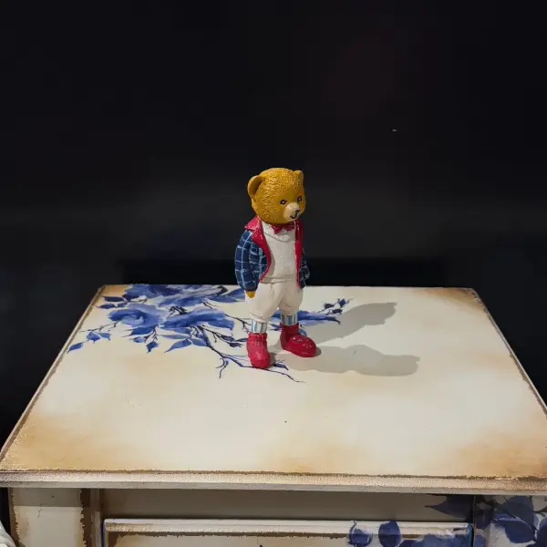 Ferozzi Teddy Sculpture with Blue Checkered Jacket – Handmade Decorative Bear Figurine