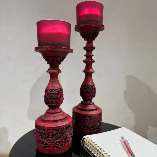 Ferozzi Handmade Ornate Red Candle Holders with Decorative Details Two-Piece Set