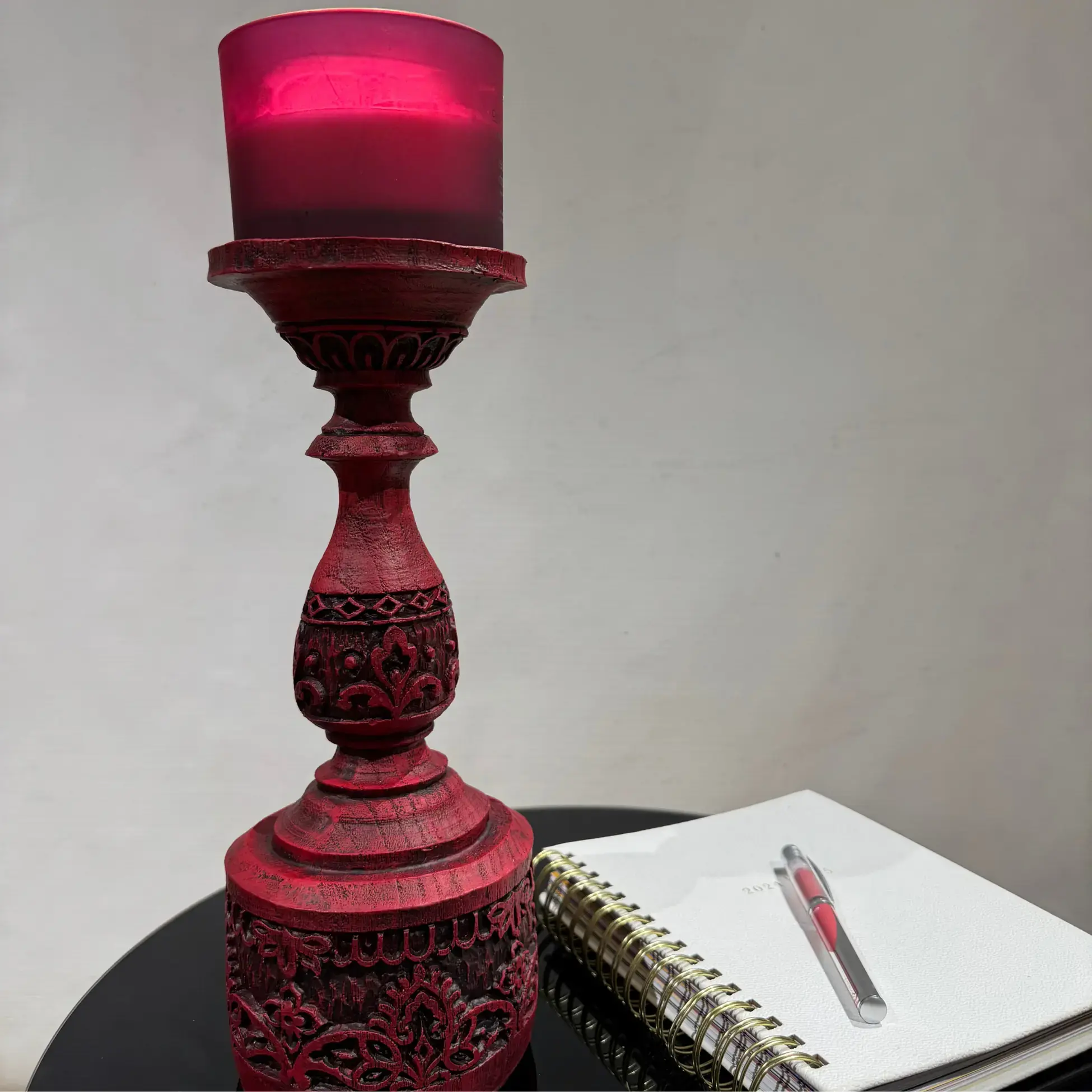 Ferozzi Handmade Ornate Red Candle Holders with Decorative Details Two-Piece Set