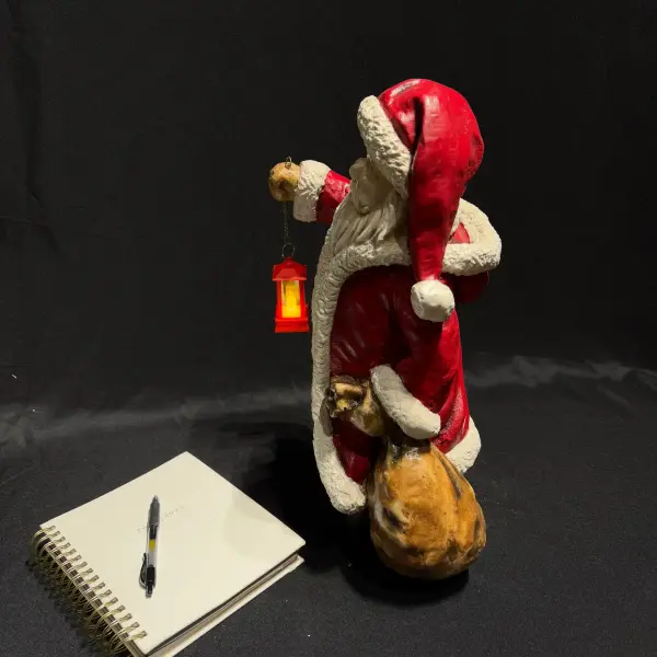 Santa Claus Lantern Sculpture - Illuminated Christmas Decor with Red Lantern & Gift Sack