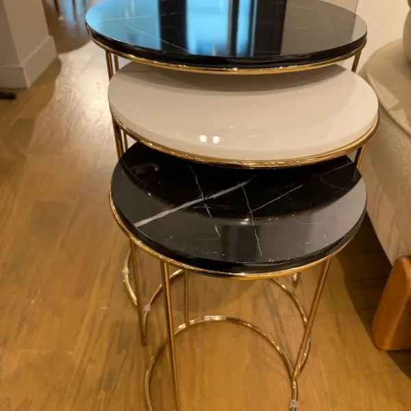 Ferozzi Modern Round Nesting Table Set with Black Marble-Style Tops and Gold Metal Frames
