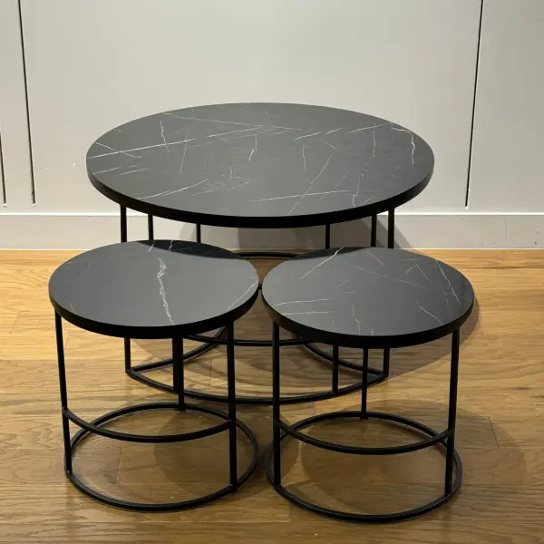 Ferozzi Modern Black Marble-Style Coffee Table Set with Sleek Metal Frames
