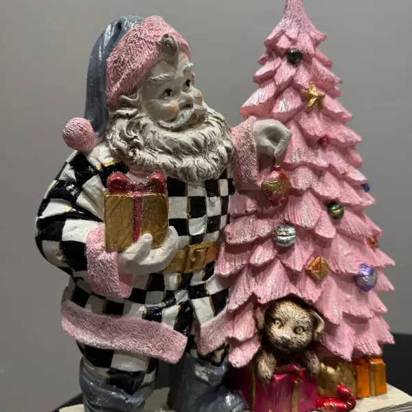 Ferozzi Pink Christmas Santa & Tree Figurine – Handcrafted Festive Holiday Decoration with Gift Box & Puppy