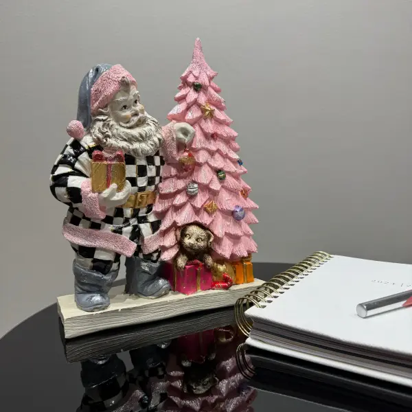 Ferozzi Pink Christmas Santa & Tree Figurine – Handcrafted Festive Holiday Decoration with Gift Box & Puppy