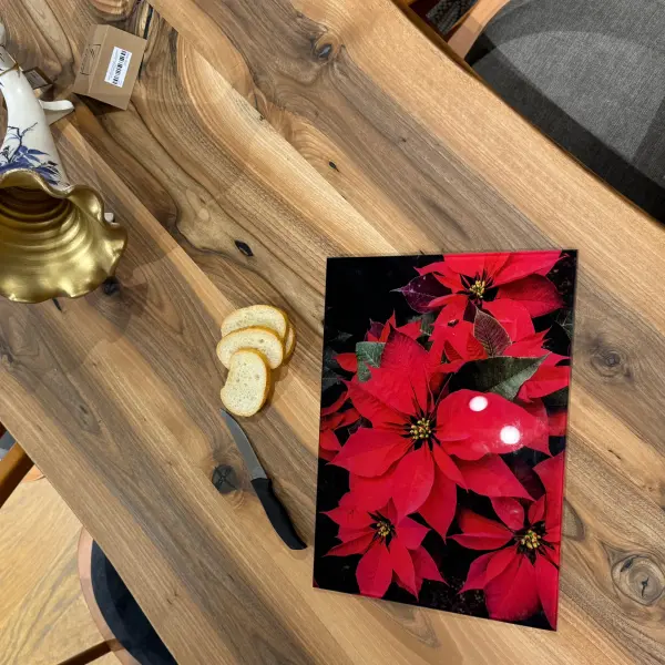 Ferozzi Tempered Glass Cutting Board with Red Poinsettia Design  Durable, Shatterproof Kitchen Accessory