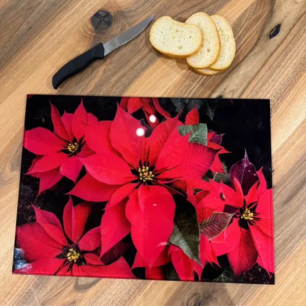 Ferozzi Tempered Glass Cutting Board with Red Poinsettia Design  Durable, Shatterproof Kitchen Accessory