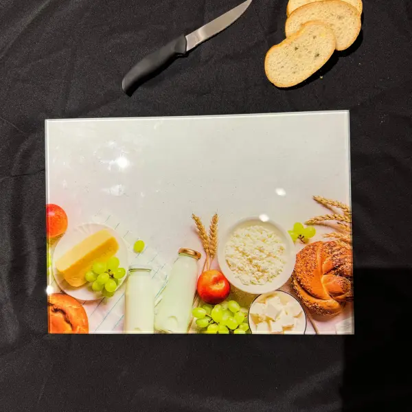 Ferozzi Tempered Glass Cutting Board with Breakfast Design | Cheese, Milk, Bread & Fruit Themed Kitchen Accessory