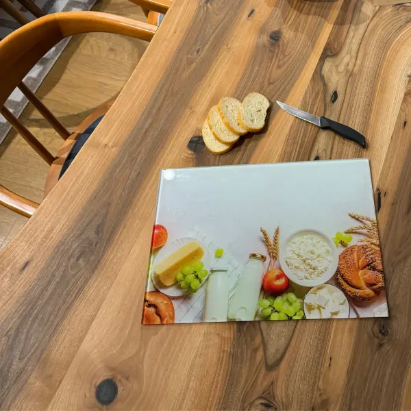 Ferozzi Tempered Glass Cutting Board with Breakfast Design | Cheese, Milk, Bread & Fruit Themed Kitchen Accessory