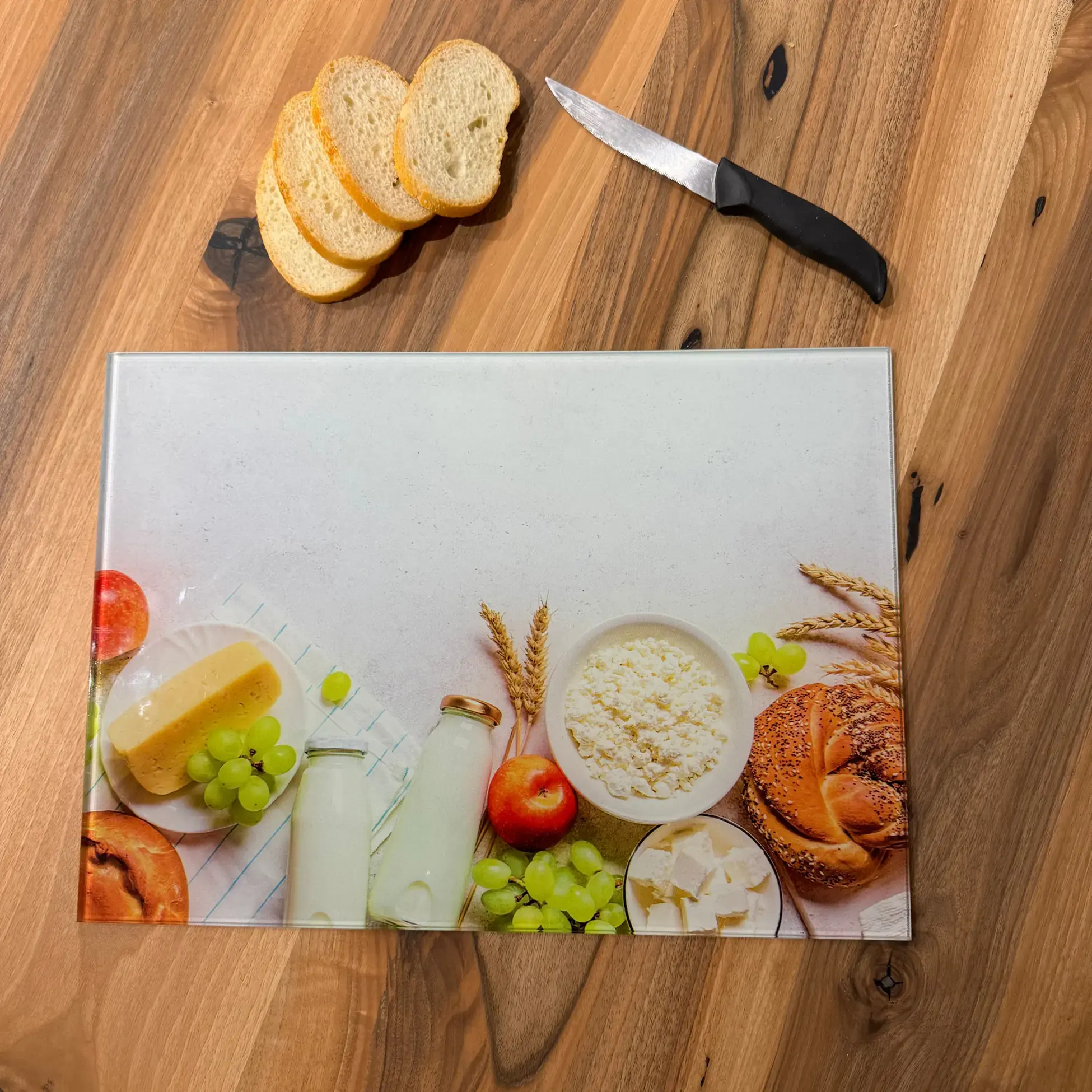 Ferozzi Tempered Glass Cutting Board with Breakfast Design | Cheese, Milk, Bread & Fruit Themed Kitchen Accessory