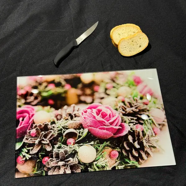 Ferozzi Tempered Glass Cutting Board with Breakfast Design | Cheese, Milk, Bread & Fruit Themed Kitchen Accessory