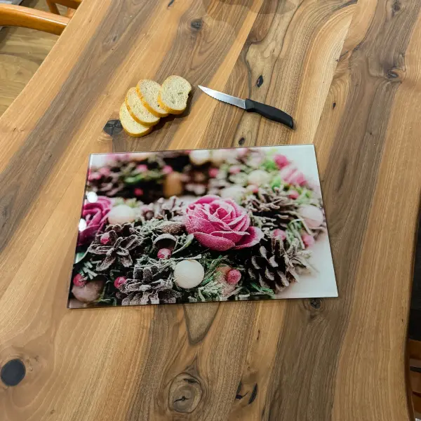 Ferozzi Tempered Glass Cutting Board with Breakfast Design | Cheese, Milk, Bread & Fruit Themed Kitchen Accessory