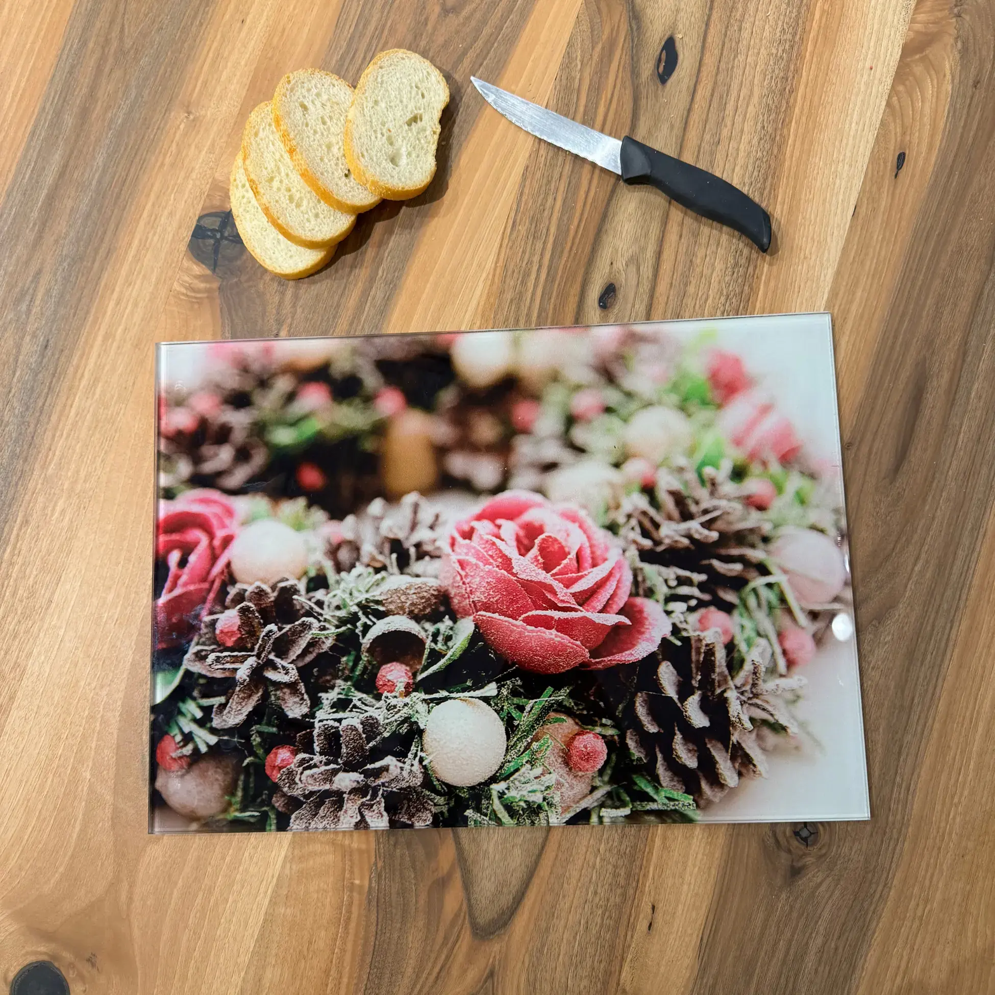 Ferozzi Tempered Glass Cutting Board with Breakfast Design | Cheese, Milk, Bread & Fruit Themed Kitchen Accessory