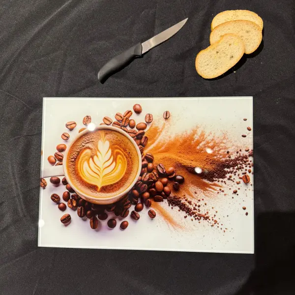 Ferozzi Tempered Glass Cutting Board with Coffee Cup and Bean Design | Modern Kitchen Accessory for Coffee Lovers