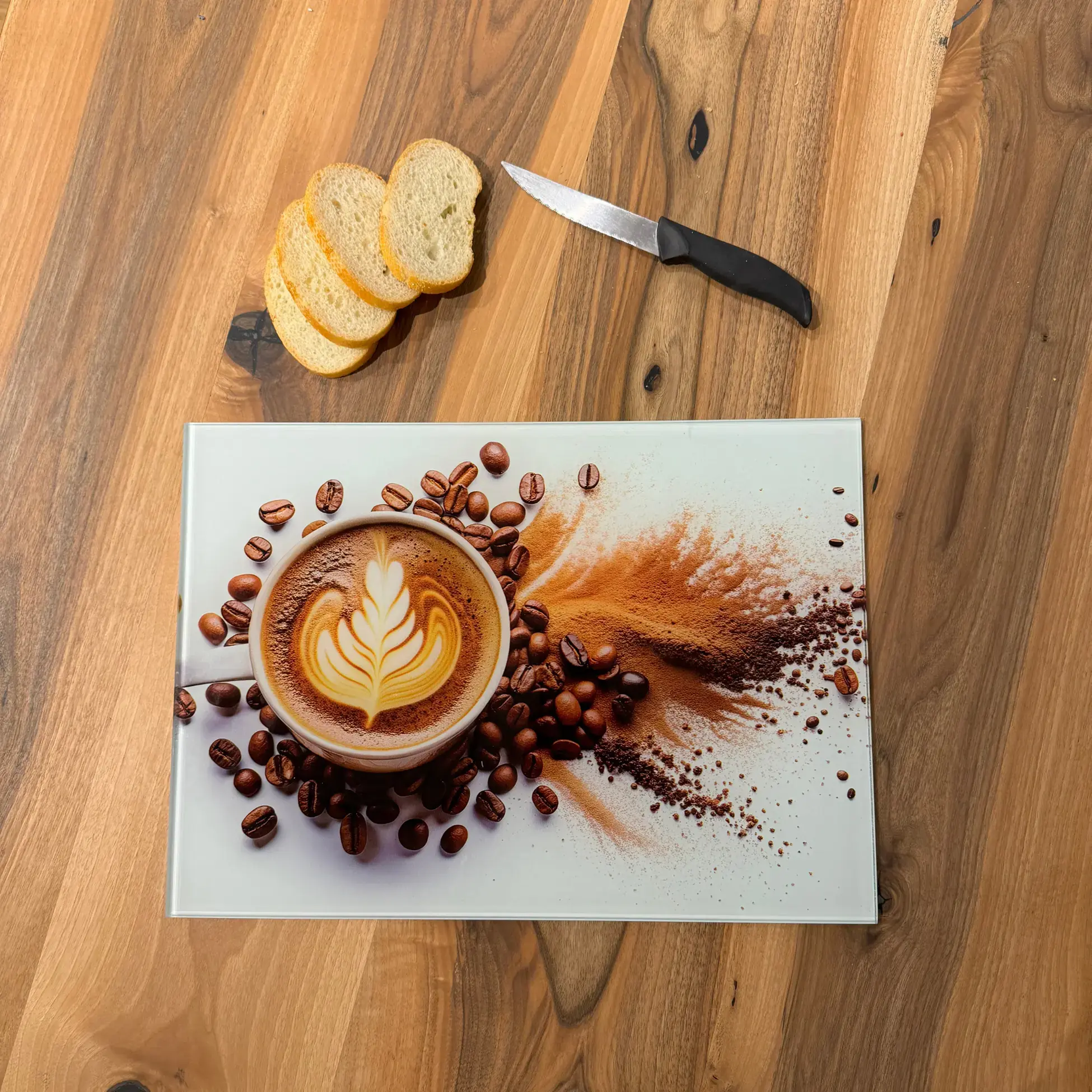 Ferozzi Tempered Glass Cutting Board with Coffee Cup and Bean Design | Modern Kitchen Accessory for Coffee Lovers